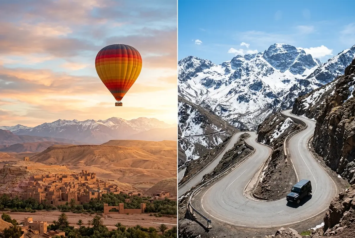 Split scene showing a hot air balloon drifting near the Atlas foothills at sunrise beside a mountain road winding higher into the snow capped High Atlas near Marrakech, hot air balloon vs atlas mountains day trip comparison