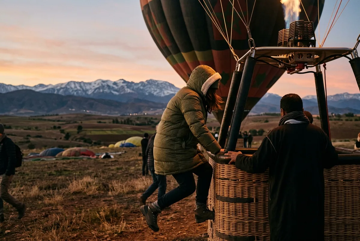 Viaggiatore avvolto in una giacca calda che sale su un cesto di mongolfiera prima dell'alba ai piedi delle montagne dell'Atlas vicino a Marrakech, scena mongolfiera marrakech alba