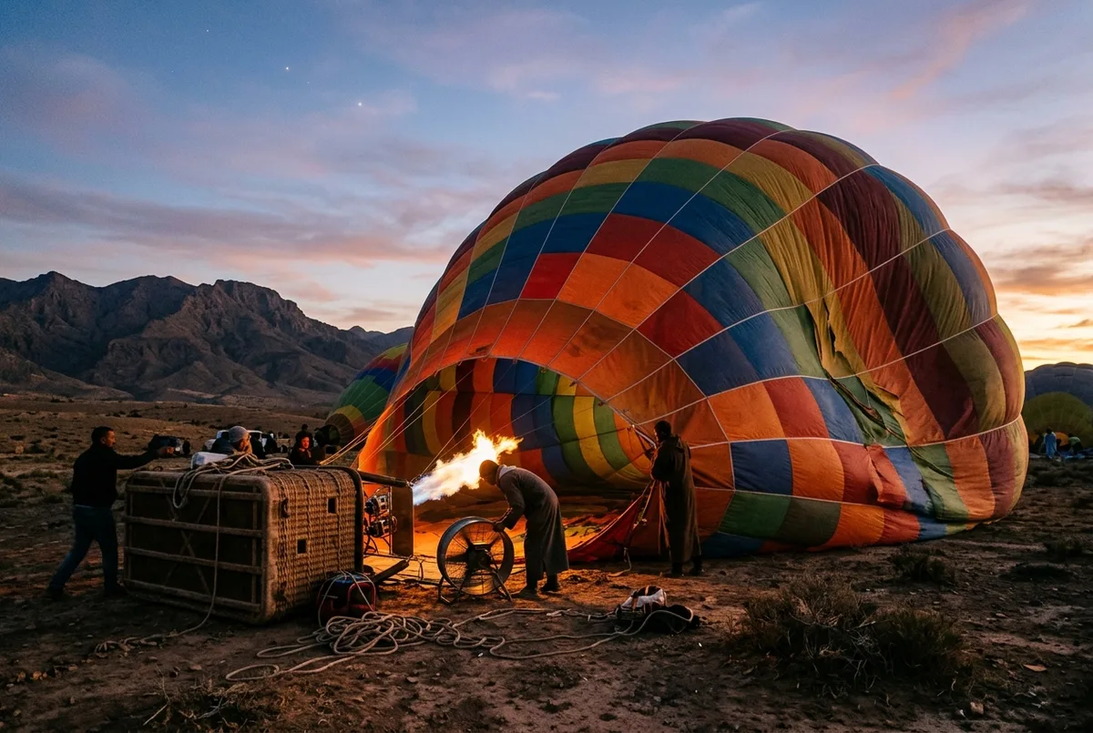 Montgolfière au lever du soleil décollant d'une plaine près de Marrakech, ambiance opérateur historique de vols ciel d'afrique montgolfière marrakech