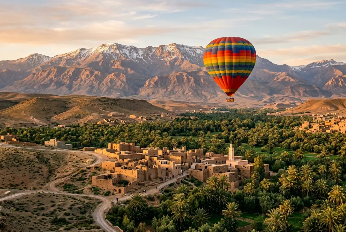 Mongolfiera colorata che sorvola le colline dell'Atlas vicino a Marrakech all'alba, con palmeti e villaggio berbero sotto