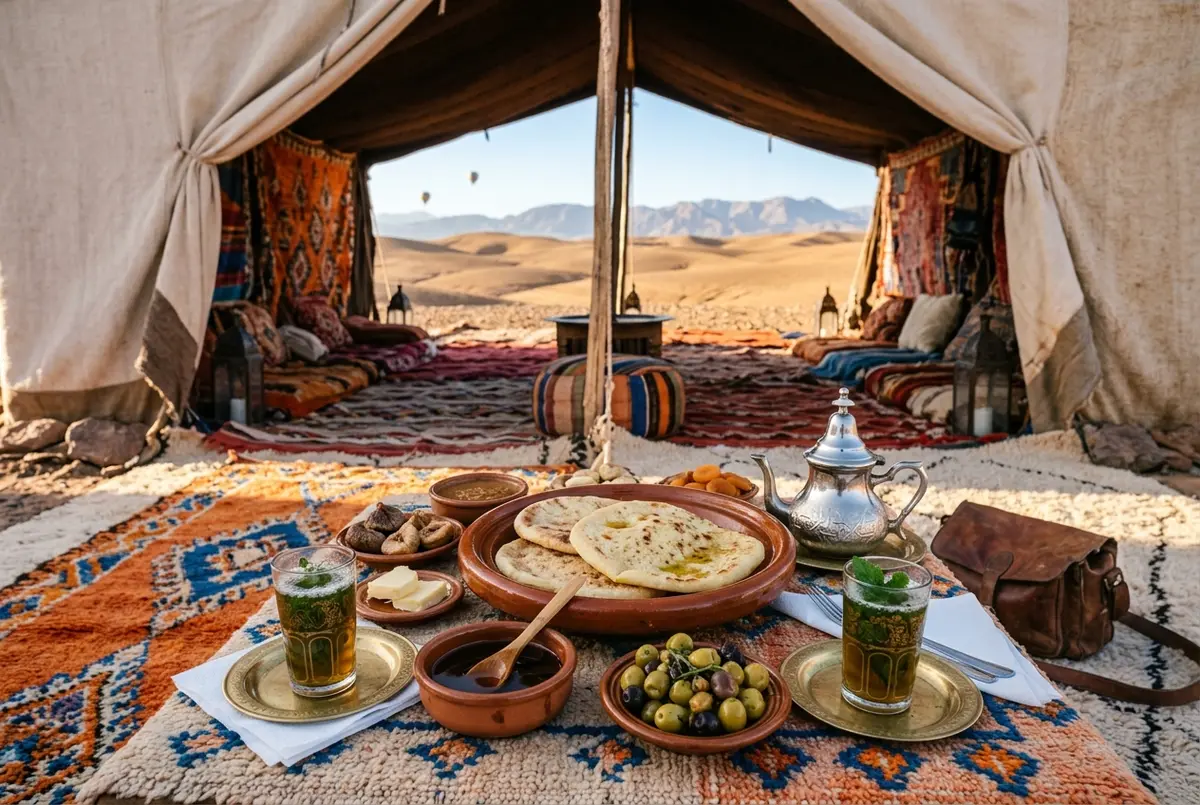 Traditional Berber breakfast spread of flatbread, honey, olives and mint tea laid out in a decorated desert tent after a Marrakech hot air balloon flight