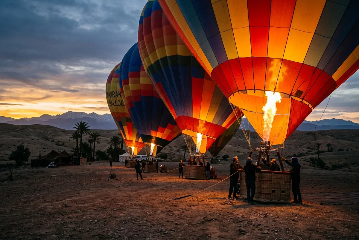 Several hot air balloons of different sizes lined up inflating before sunrise near Marrakech, hot air balloon marrakech companies scene
