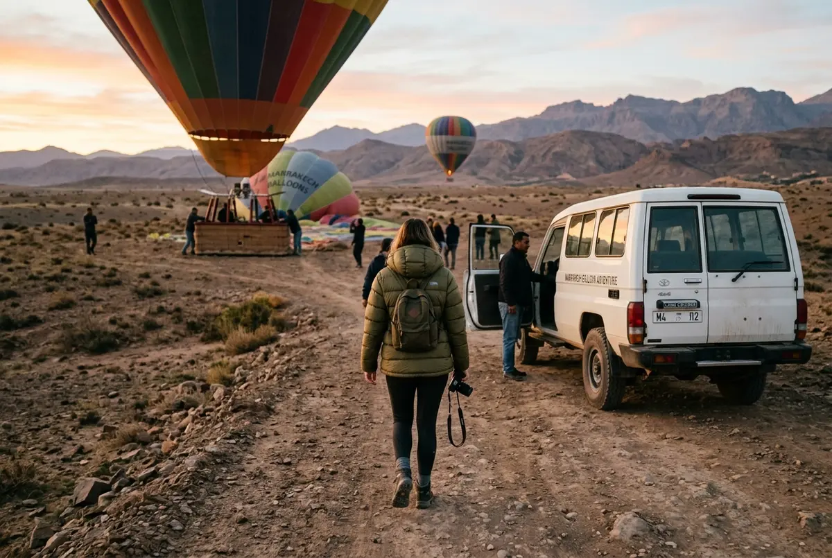Traveler in a warm jacket walking back to a waiting hotel transfer van in early morning light after a hot air balloon landing in the Atlas foothills near Marrakech, marrakech hot air balloon adventure scene