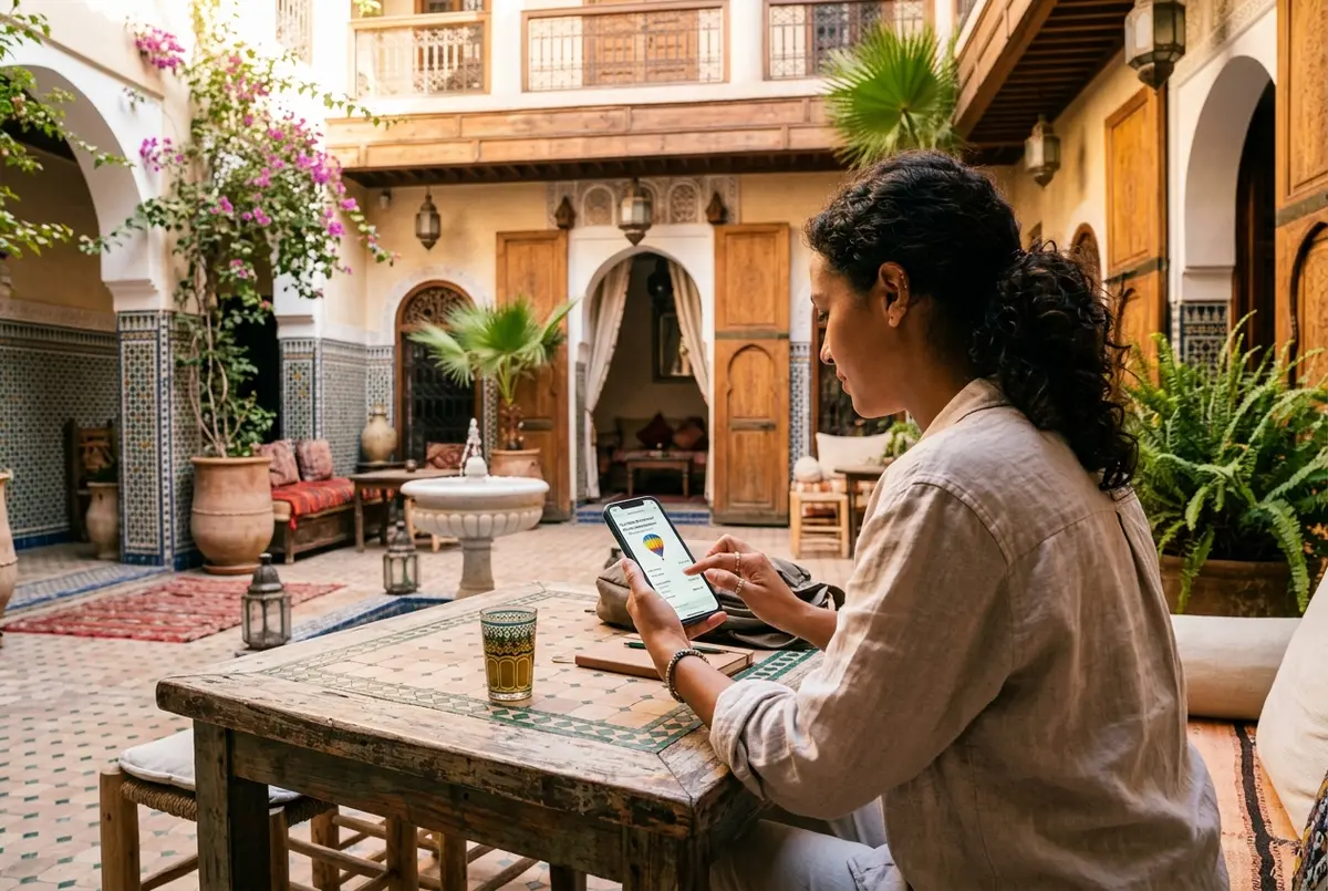 Viajero finalizando una reserva de globo en Marrakech desde su móvil en el patio de un riad, pantalla de confirmación de booking visible