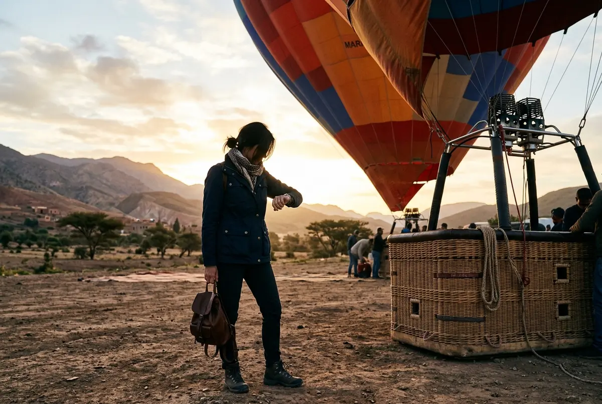 Traveler checking a wristwatch beside a hot air balloon basket at sunrise in the Atlas foothills near Marrakech, marrakech hot air balloon duration scene