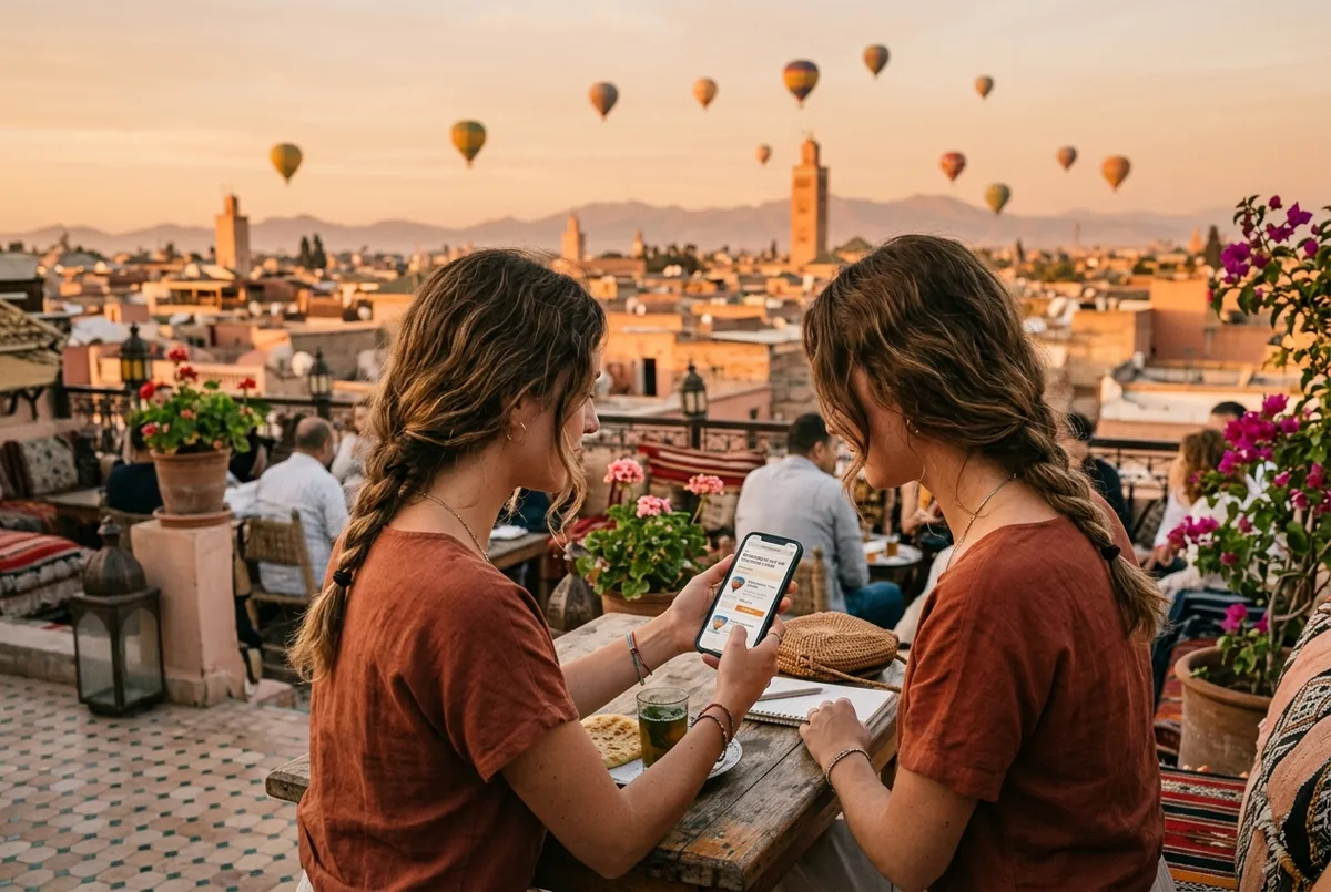 Reiziger vergelijkt ballonvaart marrakech prijzen op een telefoon op een dakterras bij zonsopgang