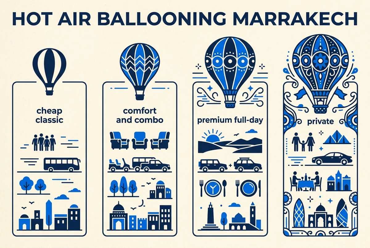 Infographic met vier ballonvaart marrakech prijscategorieën van 18 tot 495 euro: klassiek, comfort en combi, premium volledige dag, en privé