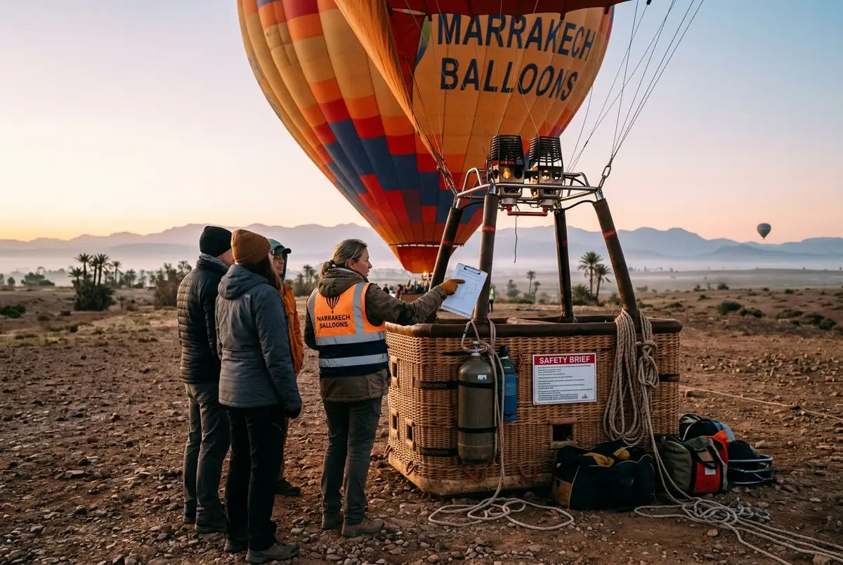 Piloto con licencia revisando el equipo y explicando con calma las normas de seguridad junto a un globo aerostático inflado al amanecer cerca de Marrakech