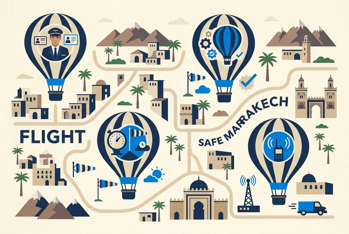 Infografía con los cuatro pilares de un vuelo seguro en globo en Marrakech: piloto con licencia, equipo mantenido, despegue condicionado al clima y equipo en tierra