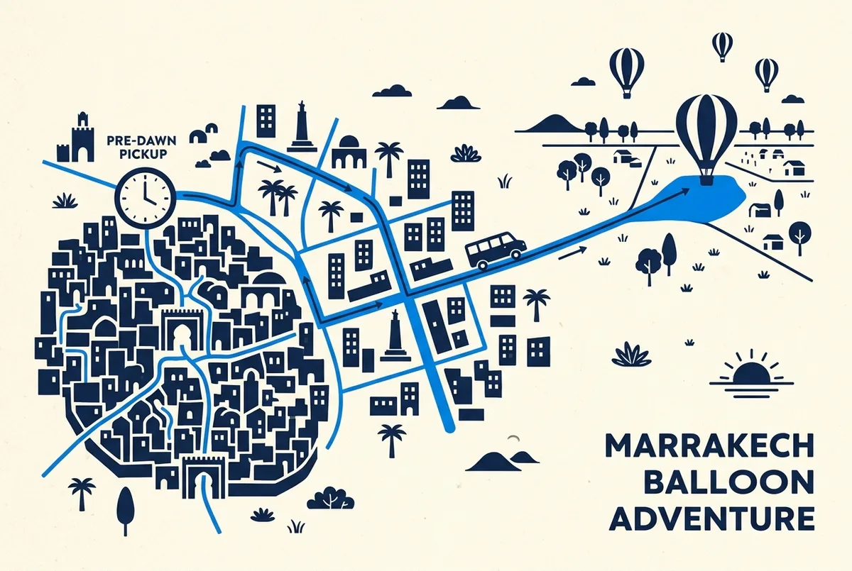 Simple map style graphic showing a hot air balloon transfer route from the Marrakech medina through Gueliz to a countryside launch site outside the city, with a clock icon marking the pre dawn pickup time