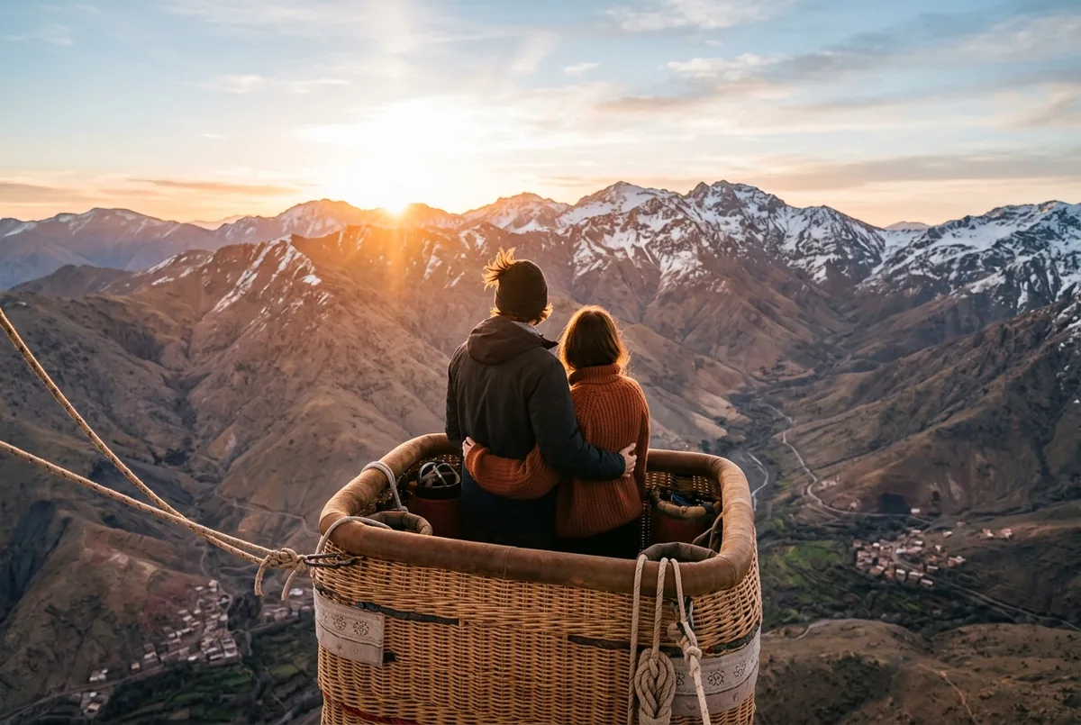 Couple standing alone in a private hot air balloon basket over the Atlas Mountains at sunrise near Marrakech, private hot air balloon marrakech scene