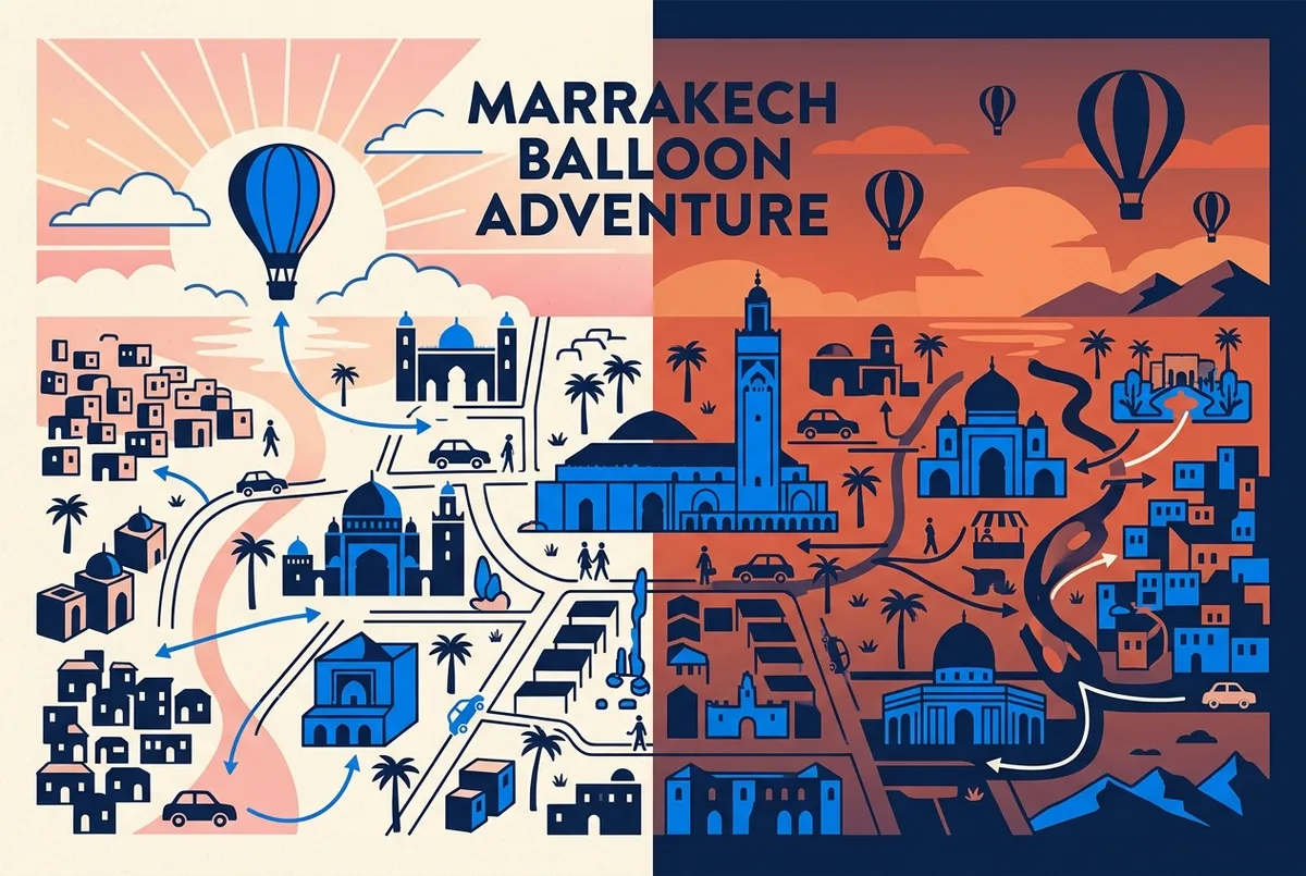illustrated map of Marrakech highlights for Sunrise vs Sunset Hot Air Balloon Rides in Marrakech, marrakech hot air balloon sunset