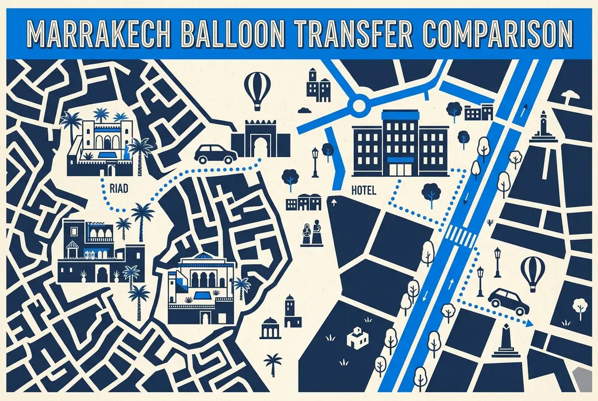 Simple map style graphic comparing a riad in the Marrakech medina and a hotel in Gueliz, each with a dotted line to a nearby car pickup point, for a hot air balloon transfer, where to stay marrakech hot air balloon comparison