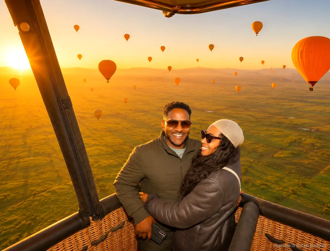 Kleine Gruppe beim Einsteigen in ein privates Abteil bei einer Ballonfahrt in Marrakesch